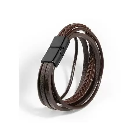 New Brown Dual Mens Leather Bracelet Magnetic Clasp Wristband Braided Bangle UK
