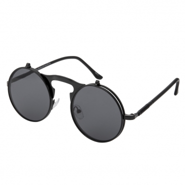 Ultra Black Frame Black Lenses Round Flip-Up Steampunk Sunglasses UV400 UVA UVB Protection Mens Womens Retro Goggles Vintage Goth Glasses Unisex