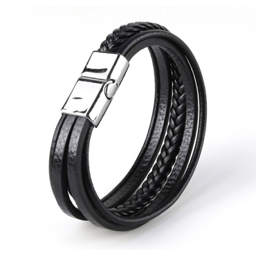 New Black Dual Mens Leather Bracelet Magnetic Clasp Wristband Braided Bangle UK