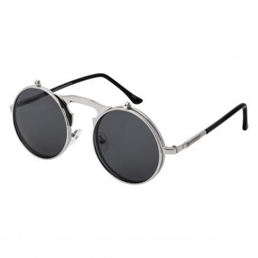Ultra Silver Frame Black Lenses Round Flip-Up Steampunk Sunglasses UV400 UVA UVB Protection Mens Womens Retro Goggles Vintage Goth Glasses Unisex