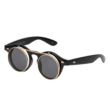 Ultra Black Frame Black Lenses Flip Up Round Steampunk Sunglasses Classic Goggles Retro Mens Womens UV400 Cyber Gothic Circle Glasses