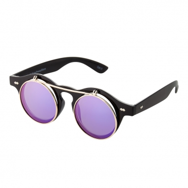 Ultra Black Frame Purple Flip Lenses Flip Up Round Steampunk Sunglasses Classic Goggles Retro Mens Womens UV400 Cyber Gothic Circle Glasses