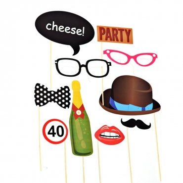 10 Piece Party Photobooth Glossy Card Party Props Set including Champagne Bottle Bow Tie Bowler Hat Glasses Party and Cheese Sign and Holding Sticks
