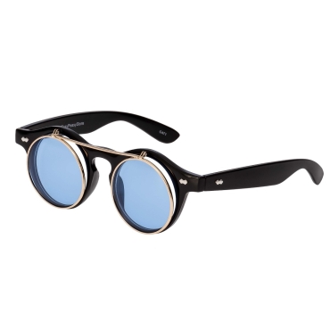 Ultra Black Frame Aqua Blue Lenses Flip Up Round Steampunk Sunglasses Classic Goggles Retro Mens Womens UV400 Cyber Gothic Circle Glasses
