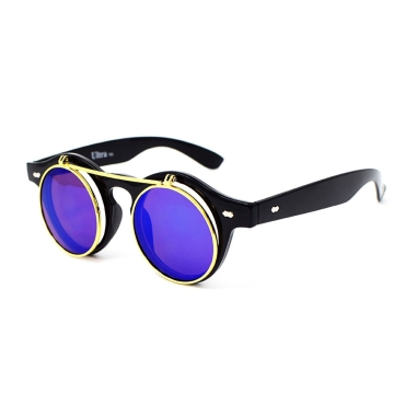 Ultra Black Frame Blue Lenses Flip Up Round Steampunk Sunglasses Classic Goggles Retro Mens Womens UV400 Cyber Gothic Circle Glasses Cosplay Unisex