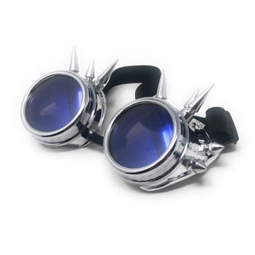 Ultra Silver with Blue Lenses Spike Steampunk Goggles Mens Womens Cyber Glasses Victorian Punk Welding Cosplay Goth Rustic Round Eyewear Goggles Cyber Glasses Victorian Men's Women's Cosplay Goth Round