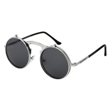 Ultra Silver Frame Black Lenses Round Flip-Up Steampunk Sunglasses UV400 UVA UVB Protection Mens Womens Retro Goggles Vintage Goth Glasses Unisex