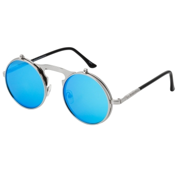Ultra Silver Frame Ice Blue Lenses Round Flip-Up Steampunk Sunglasses UV400 UVA UVB Protection Mens Womens Retro Goggles Vintage Goth Glasses Unisex