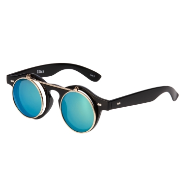 Ultra Black Frame Green Mirrored Lenses Flip Up Round Steampunk Sunglasses Classic Goggles Retro Mens Womens UV400 Cyber Gothic Circle Glasses