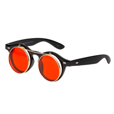 Ultra Black Frame Red Lenses Flip Up Round Steampunk Sunglasses Classic Goggles Retro Mens Womens UV400 Cyber Gothic Circle Glasses