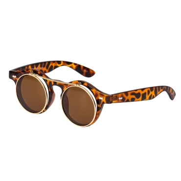 Ultra Leopard/Tiger Print with Brown Lenses Flip Up Round Steampunk Sunglasses Classic Goggles Retro Mens Womens UV400 Cyber Gothic Circle Glasses Cosplay Unisex